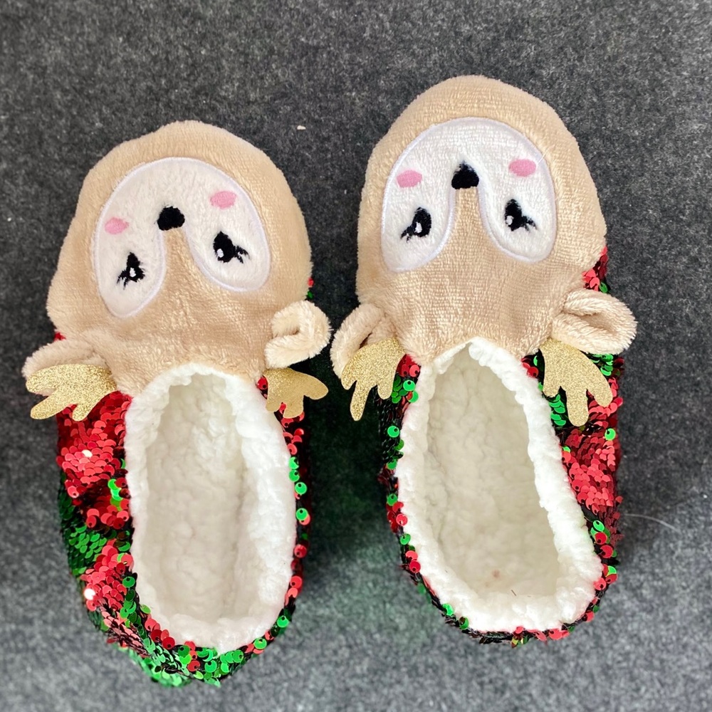 Flip sequin reindeer pull on slippers S/M
